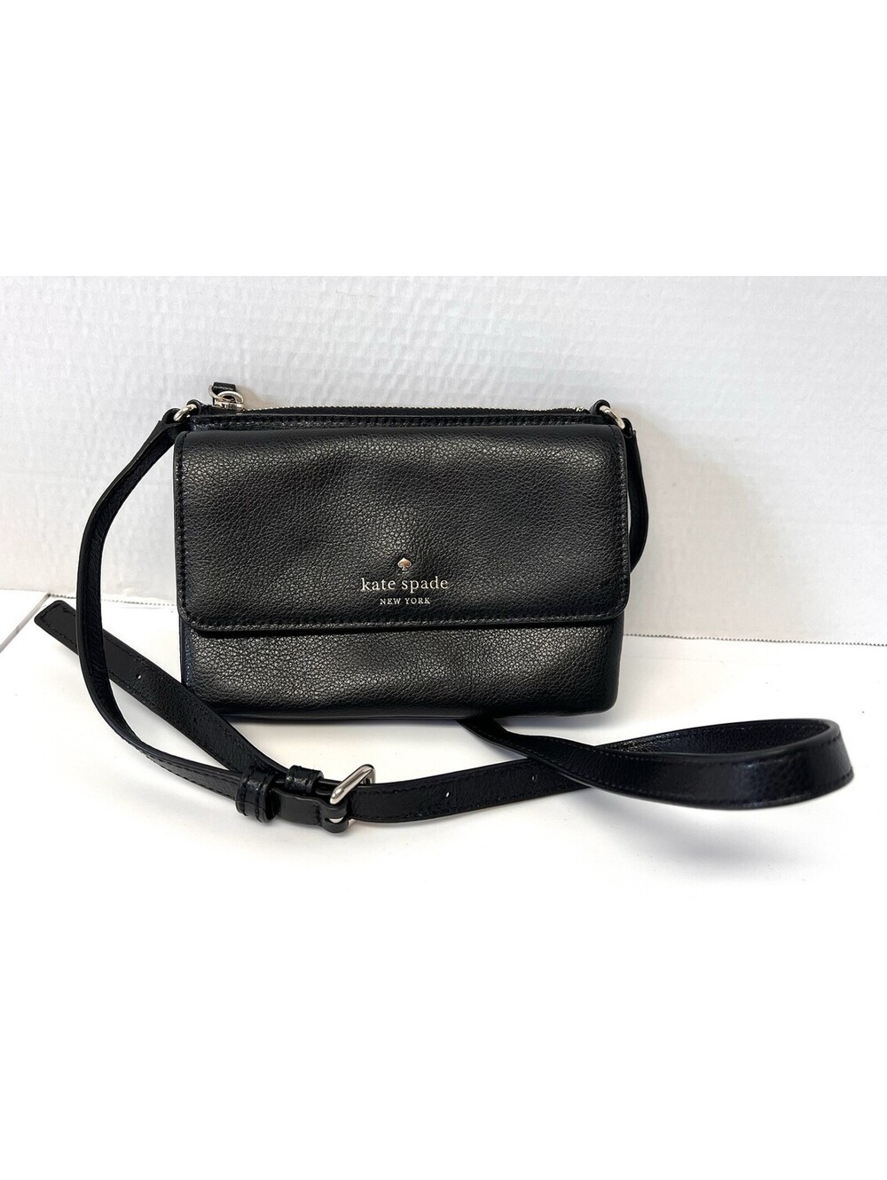 Kate Spade New York Black Small Crossbody Flap Zip Purse Wallet Pebbled Leather